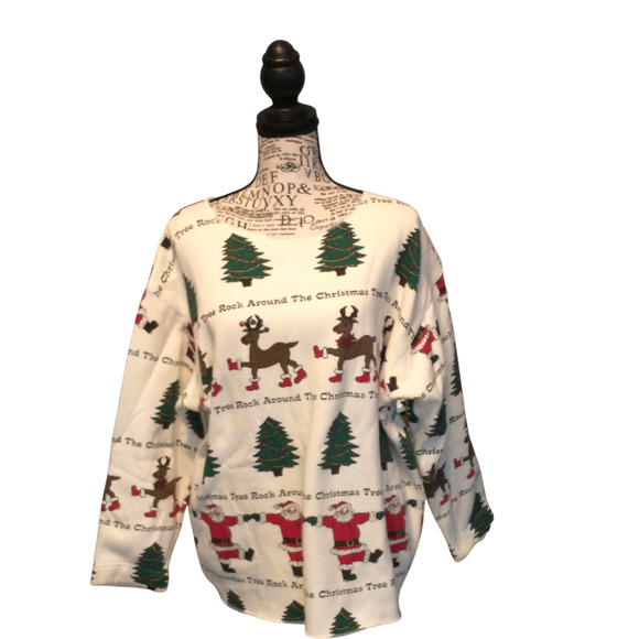 Cambridge Dry Goods Tops - Vintage Women's Raw Hem Christmas Sweatshirt Medium Slouchy 70s Fun Holiday